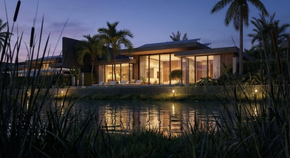 Вилла Redwood Lakeside у воды в сумерках